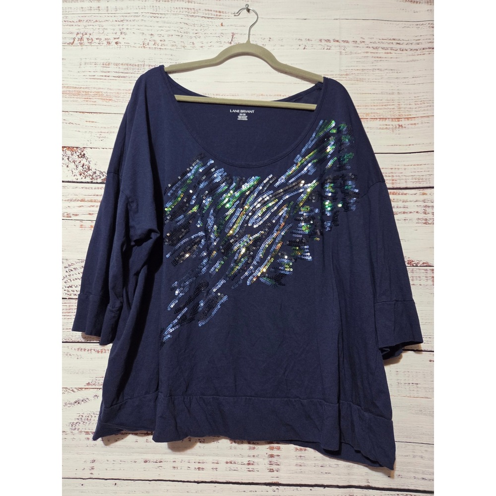 Lane Bryant Navy Blue Sequin Embellished 3/4 Sleeve Top Plus Size 26/28
